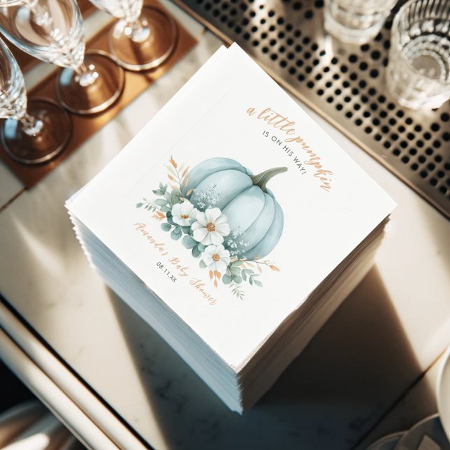 Blue Pumpkin Watercolor Boy Baby Shower Napkins (Stack of fall-themed baby shower napkins with blue pumpkin and floral design.)