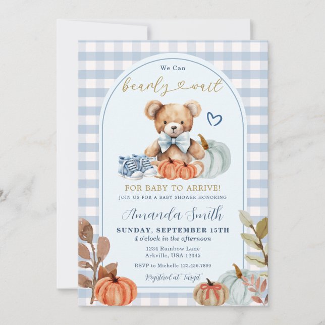 Blue Pumpkin We can Bearly Wait Bear Baby Shower  Invitation (Front)