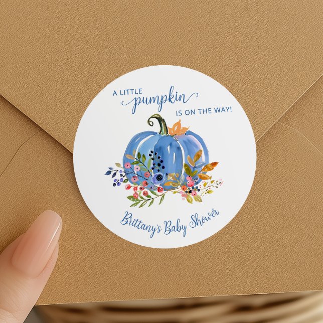 Blue Pumpkin Whimsical Baby Shower Classic Round Sticker (Creator Uploaded)