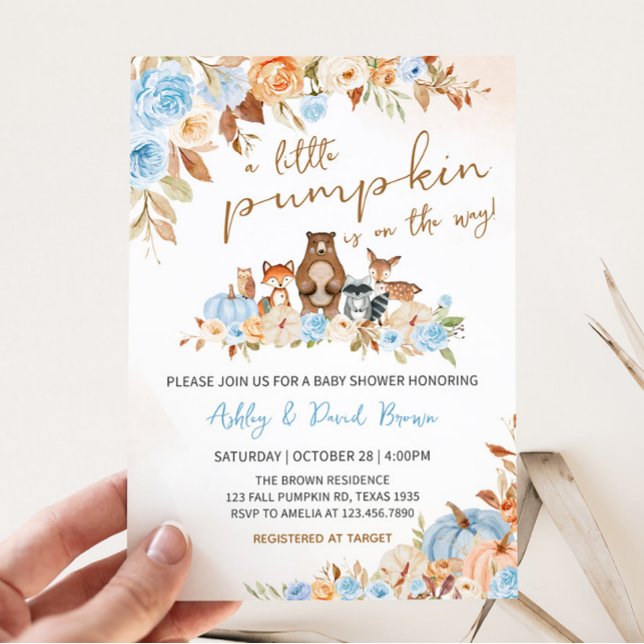 Blue Pumpkin Woodland Baby Shower Invitation (Blue Floral Woodland Baby Shower Invitation)