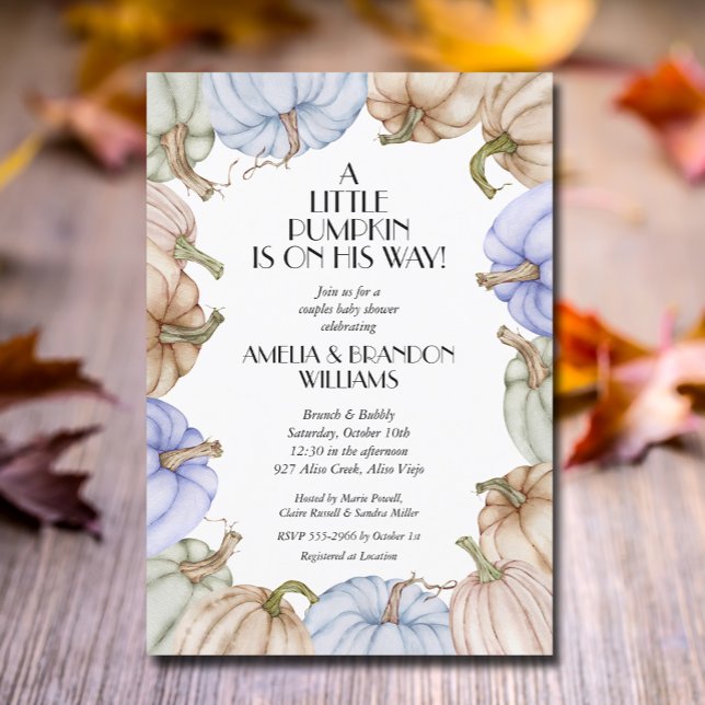 Blue Pumpkins Boy Baby Shower Invitation (Pastel pumpkins boy baby shower invitations, INSTANT DOWNLOAD and/or PRINTED)