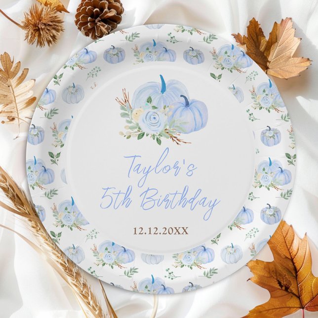 Blue Pumpkins Floral Birthday Party Paper Plate (Creator Uploaded)