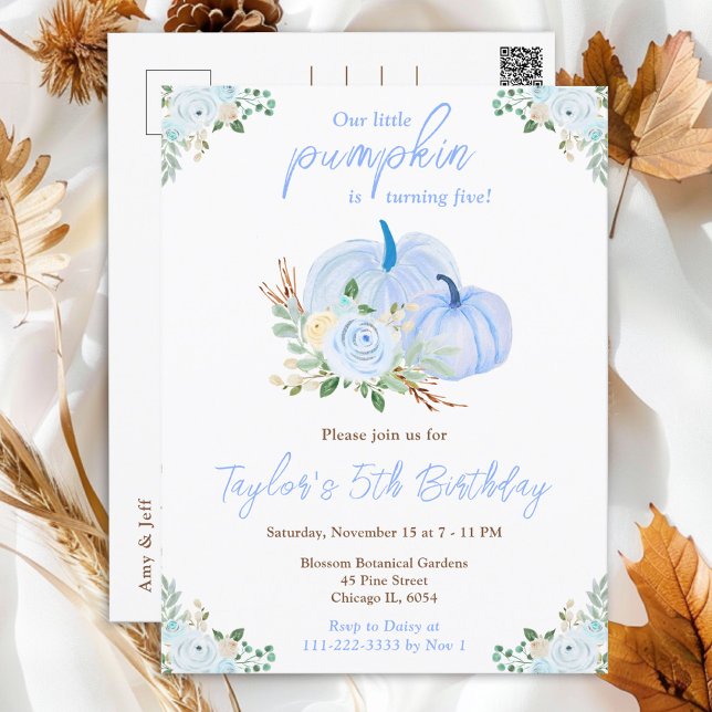 Blue Pumpkins Floral Birthday Party Postcard (Creator Uploaded)