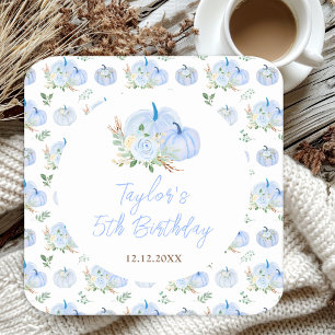 Blue Pumpkins Floral Birthday Party Square Paper Coaster