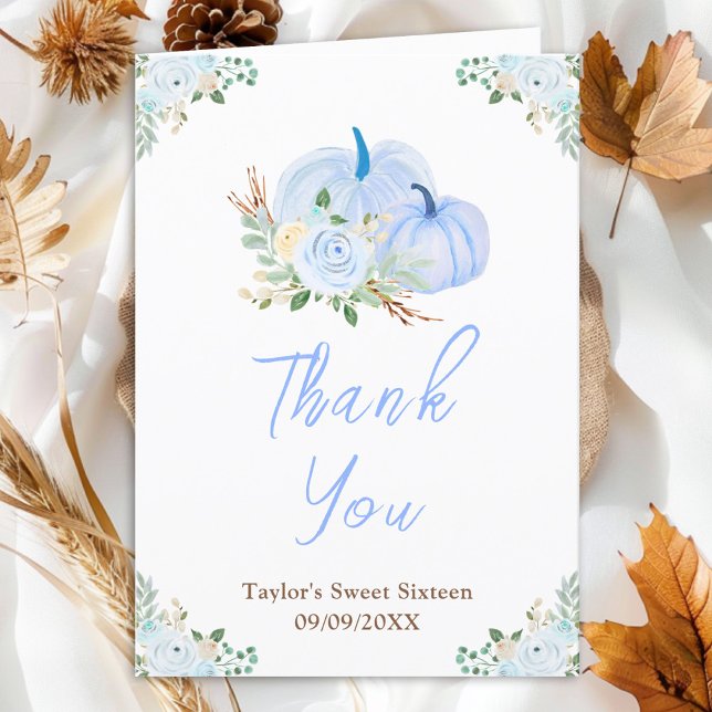 Blue Pumpkins Floral Sweet Sixteen Thank You Card (Creator Uploaded)