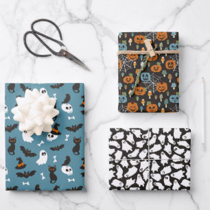 Blue Pumpkins Ghosts Skulls Halloween Patterns Wrapping Paper Sheet