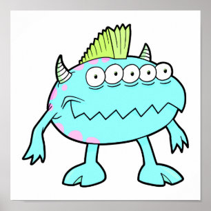 blue punk mohawk monster many eyes poster