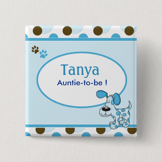 Blue Puppy Dog Baby Shower Name Tag Button (Front)