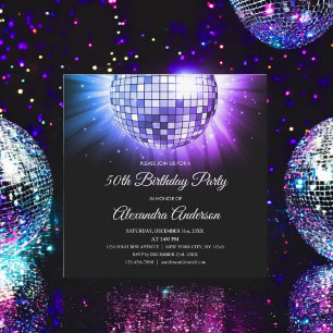 Blue Purple 50th Birthday Party Disco Ball Invitation