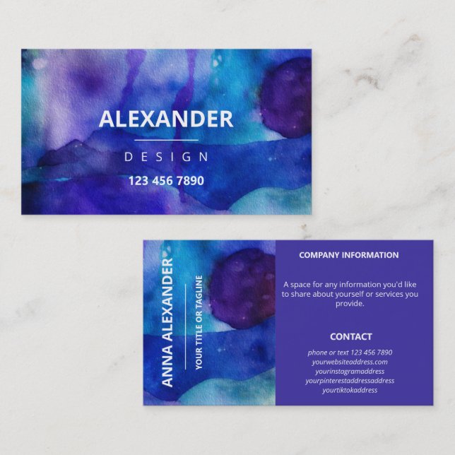 Blue Purple Abstract Watercolor Business Card (Front/Back)