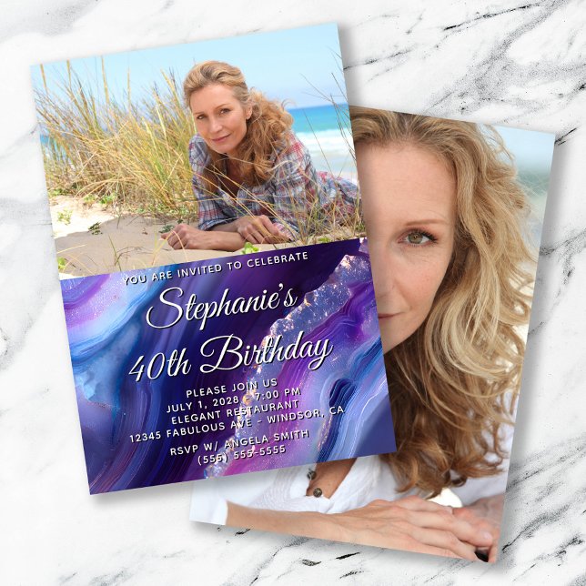 Blue Purple Agate Elegant Photo 40th Birthday Invitation (Blue Purple Agate Elegant Photo 40th Birthday Invitation)
