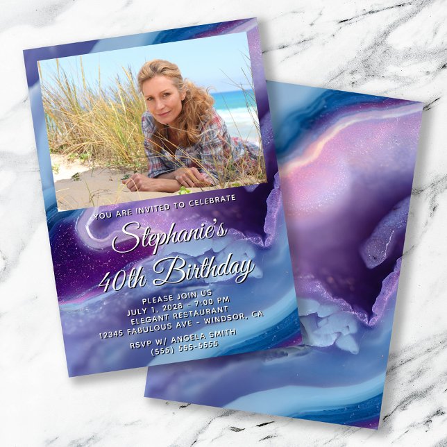 Blue Purple Agate Geode Photo Border 40th Birthday Invitation (Blue Purple Agate Geode Photo Border 40th Birthday Invitation)