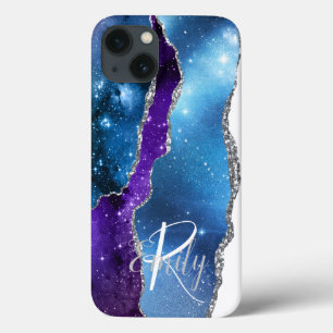 Blue Purple Agate Marble Abstract Name Monogram iPhone 13 Case