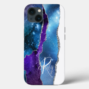 Blue Purple Agate Marble Abstract Name Monogram iPhone 13 Case