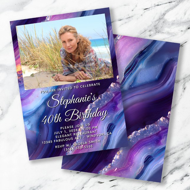Blue Purple Agate Photo Border 40th Birthday Invitation (Blue Purple Agate Photo Border 40th Birthday Invitation)
