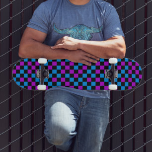 Blue Purple And Black Chequered Pattern Skateboard