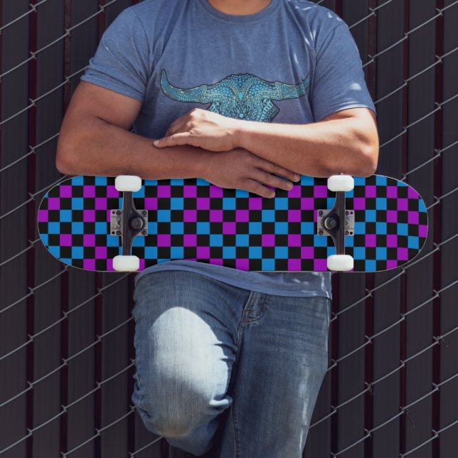 Blue Purple And Black Chequered Pattern  Skateboard (Outdoor 3)