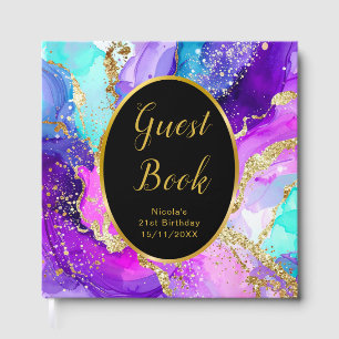Blue, Purple and Gold Ink Birthday Party Guest Book