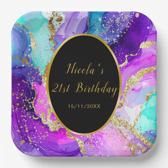 Blue, Purple and Gold Ink Birthday Party Paper Plate (Front)