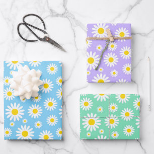 Blue, Purple and Green Mixed Spring Daisies Wrapping Paper Sheet