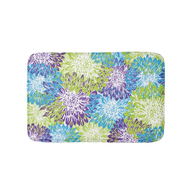 Blue, Purple and Lime Green Mums Bath Mat (Front)