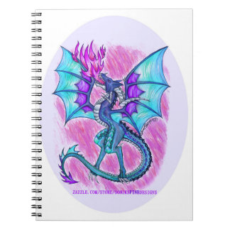 Blue purple and pink dragon flying, breathing fire notebook