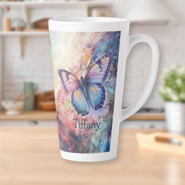 Blue, Purple, and Pink Watercolor Butterfly Latte Mug (Blue, Purple, and Pink Watercolor Butterfly Latte Mug)