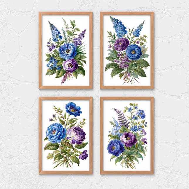 Blue Purple Antique Vintage Florals  (Blue Purple Vintage Watercolor Wall Art Set of 2, 3  or 4 prints)