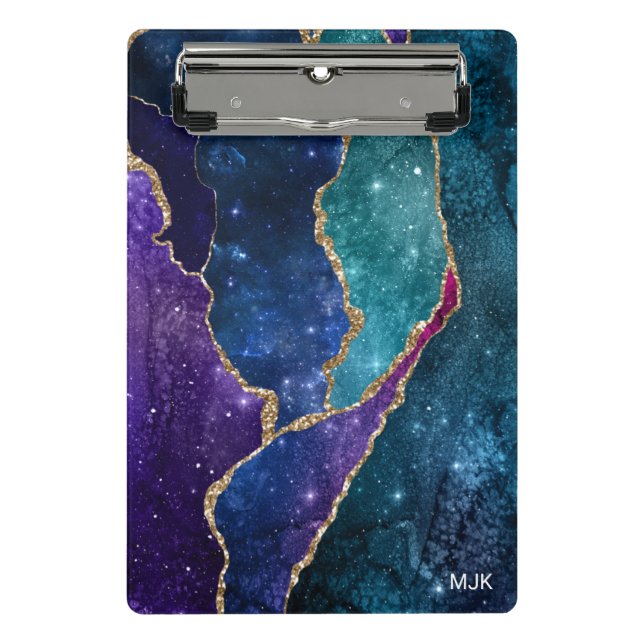 Blue Purple Aqua Gold Veins Agate Monogram Mini Clipboard (Front)