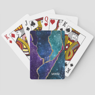 Blue Purple Aqua Gold Veins Agate Monogram Playing Cards