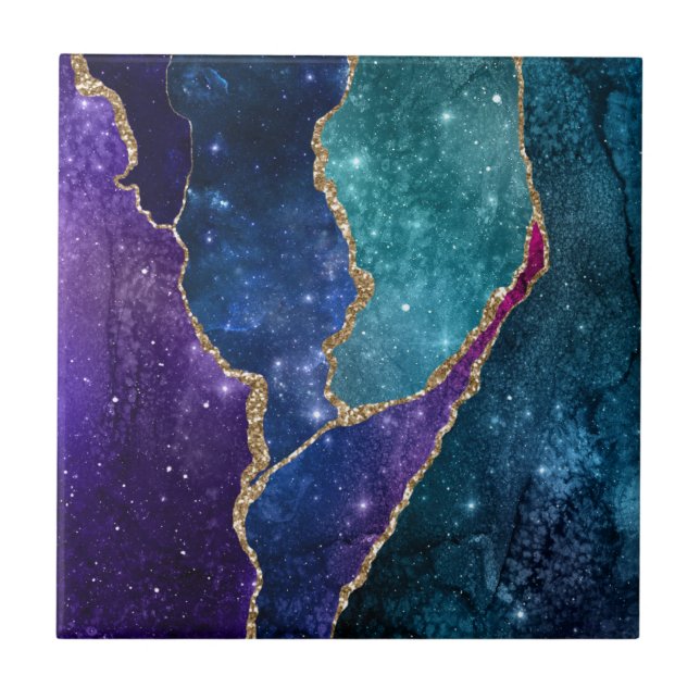 Blue Purple Aqua Gold Veins Agate Tile (Front)