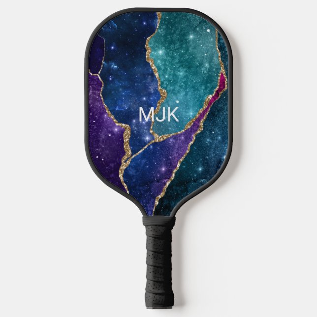 Blue Purple Aqua Gold Veins Monogram Agate Pickleball Paddle (Front)