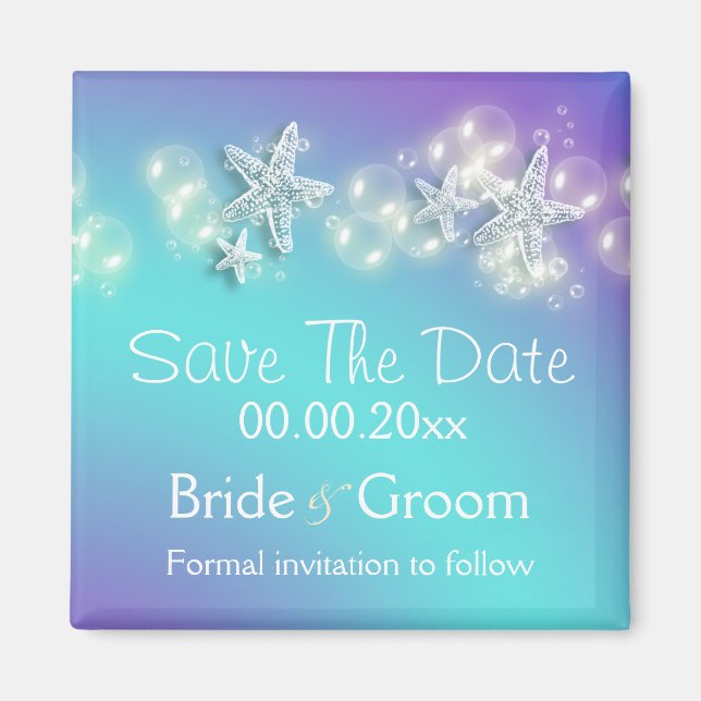 Blue purple beach starfish announcement magnet (Front)