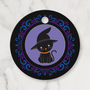 Blue Purple Black Cat With A Witch Hat Halloween Favour Tags