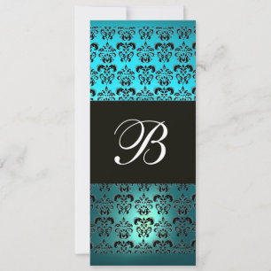 BLUE PURPLE BLACK DAMASK MONOGRAM ,white turquase Invitation