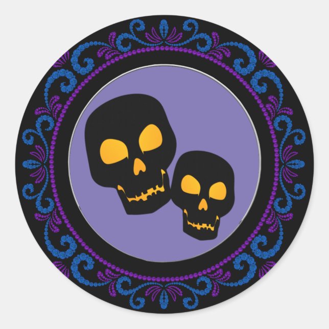 Blue Purple Black Skulls Halloween Classic Round Sticker (Front)