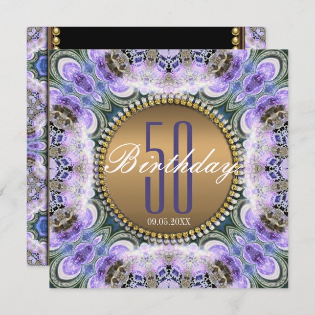 Blue Purple Bohemian 50th Birthday Invitation (Front/Back)