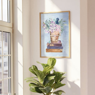 Blue Purple Books and Flowers Wall Art