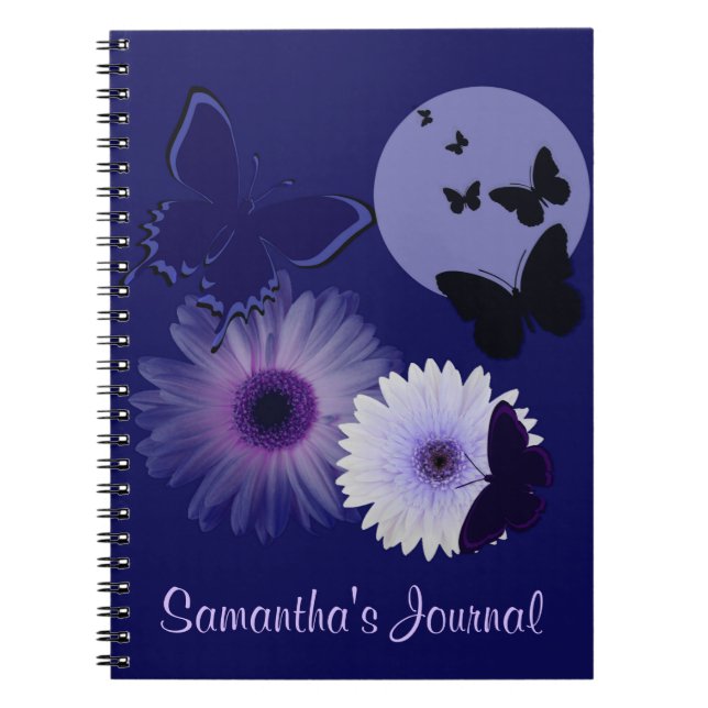 Blue Purple Butterfly and Daisy Personalised Spiral Notebook (Front)