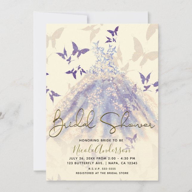 Blue Purple Butterfly Dance Dress Bridal Shower Invitation (Front)