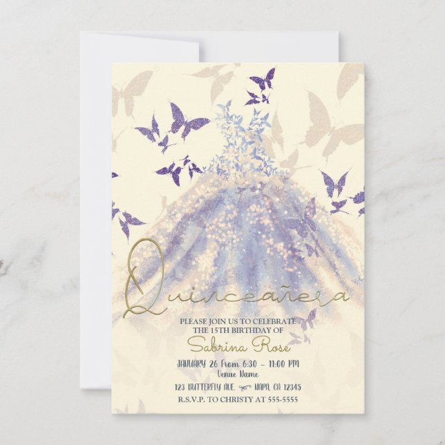 Blue Purple Butterfly Dance Dress Quinceañera Invitation (Front)