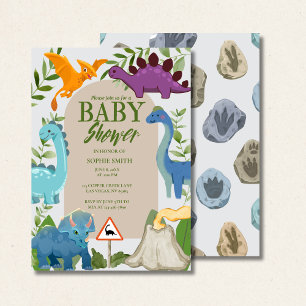 Blue, Purple Dinosaurs, Volcano T-Rex Baby Shower  Invitation