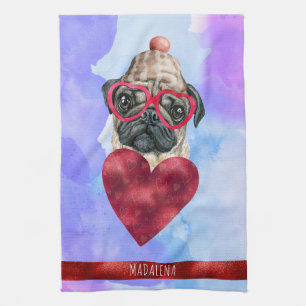 Blue Purple Dog Lover Valentine Gift Pug Tea Towel
