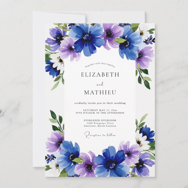 Blue Purple Ethereal Bloom Wedding Invitation (Front)