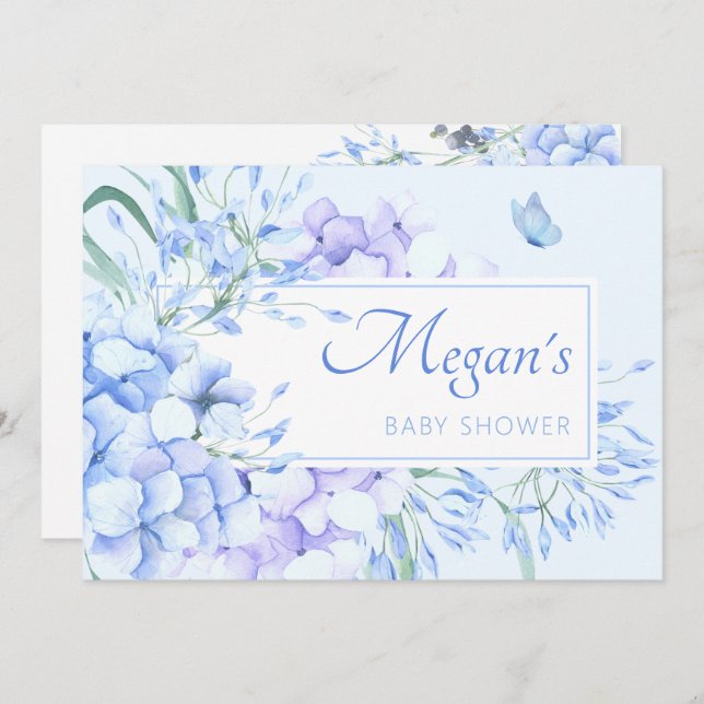 Blue purple floral bloom elegant baby shower invitation (Front/Back)