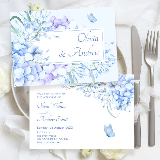 Blue purple floral bloom elegant wedding invitation (Creator Uploaded)