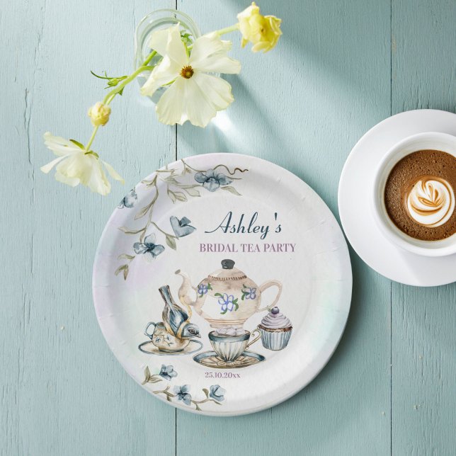 Blue purple floral bridal shower tea party  paper plate (Blue purple floral bridal shower tea party monogrammed printed paper plates personalized table decor)