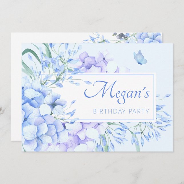 Blue purple floral elegant birthday invitation (Front/Back)