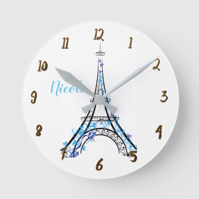 Blue Purple Floral Paris Eiffel Tower Personalised Round Clock (Front)