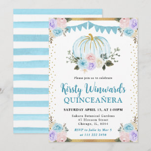 Blue & Purple Floral Pumpkins Fall Quinceanera Invitation